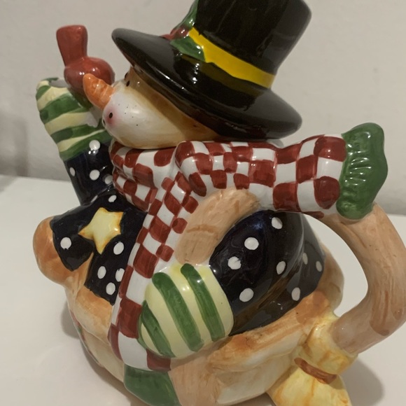 Vintage SNOWMAN Royal Seasons Teapot Red&White Checkered Scarf Red RobinBird - Picture 3 of 13